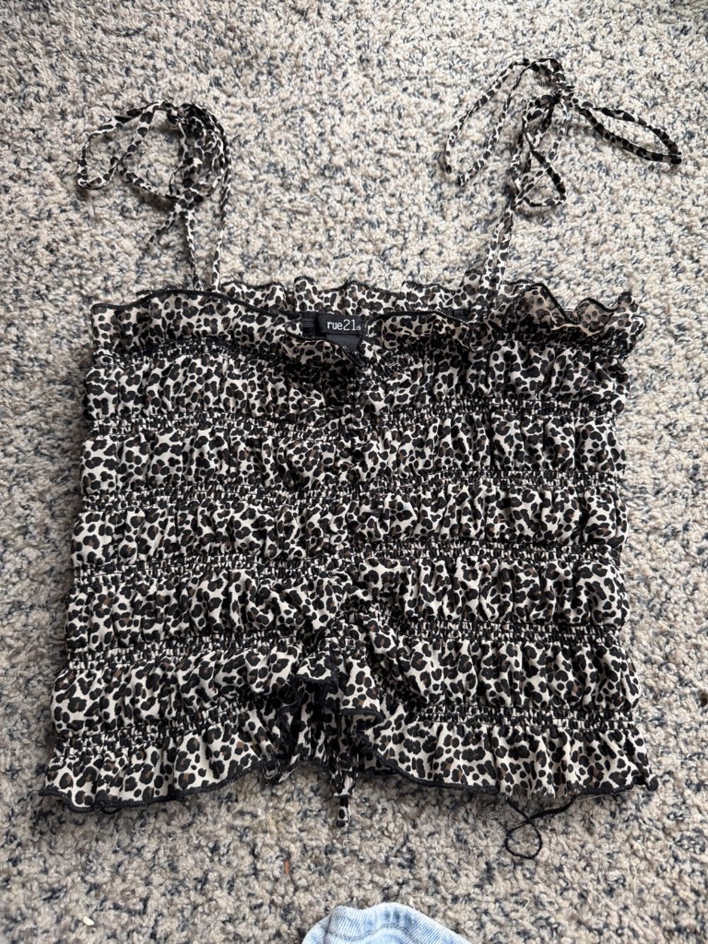 Rue21 Black and White Leopard Smocked Tie-Strap Crop Cami